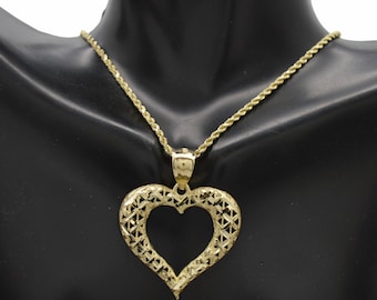 Real 10K Solid Yellow Gold Diamond Cut Heart Pendant+Rope Chain 16''-24'' | Fashion Women 10k Jewelry Pendant | Solid 10k Gold Pendant+Chain