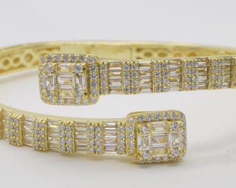 925 Sterling Silver 14k Gold Plated Round Baguette Bangle Bracelet 21.6g 2.5in