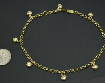 Pulseira com pingentes de coração em ouro amarelo 10K legítimo com elos rolo, 18 cm | Pulseira feminina | Tornozeleira em ouro maciço 10K