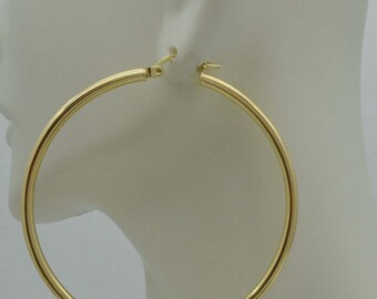 10k Solid Yellow Gold big Large High Polished hoop Earrings. 55mm x 3MM | Women-Ladies Jewelry Hoop Earrings | Solid 10k Gold Hoop Earrings
