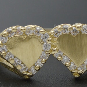 Real 10K Solid Yellow Gold CZ Double Heart ID Ring Engraving 2.6gr All Sizes | Women Jewelry Unique Gold Ring | Solid 10k Gold Ring Ladies