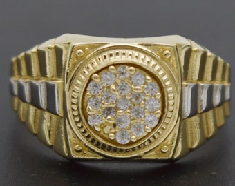 Men's Unisex Railroad Round CZ Ring Real Solid 10K Yellow White