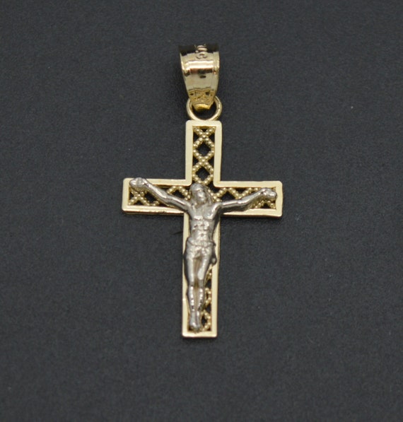 10K Solid Gold Filigree Crucifix Cross Pendant – Yellow & White Multi-Tone Gold, Religious Charm, No Stone