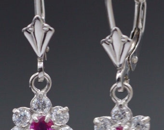 JM11 14K Solid White Gold 12mm Flower Pink Cubic Zirconia(CZ) LeverBack Earrings | Women-Ladies Jewelry Earrings | Solid Gold Drop Earrings