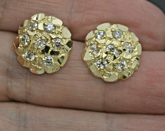 Real 10K Yellow Gold CZ Round Nugget Stud Diamond Cut Earrings 15mm | Men-Women Jewelry 10k Gold Earrings | Stud 10K Gold Earrings