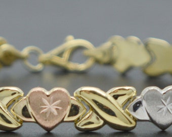 Real 10K oro multitono sólido 7.5" XO Love Charm 7mm corazón y besos pulsera / pulsera de joyería para mujeres-señoras / pulsera de oro sólido de 10k