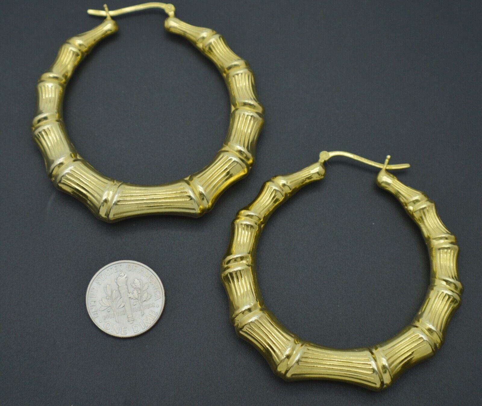 925 Sterling Silver 14k Gold Plated BIG Bamboo Hoop Earrings 12.3