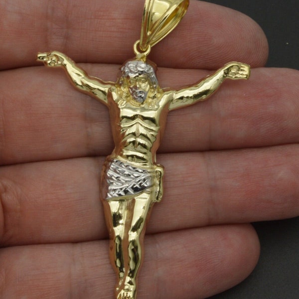 Real 10K Yellow Gold big Crucifix Jesus Body Pendant Charm 2.75'' 4gr | Men-Women Jewelry Pendant | Solid 10k Gold Crucifix Jesus Pendant