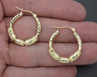 Real 10K Solid Yellow Gold 26.4mm Fancy Graduated Bamboo Hoop Earrings 1.9gr | Women-Ladies Jewelry Hoop Earrings | Solid 10k Hoop Earrings