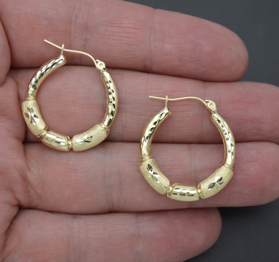 Real 10K Solid Yellow Gold 26.4mm Fancy Graduated Bamboo Hoop Earrings 1.9gr | Women-Ladies Jewelry Hoop Earrings | Solid 10k Hoop Earrings