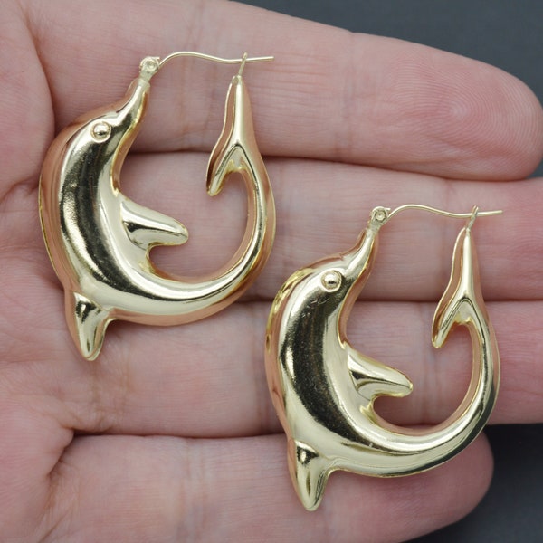 Real 10K Solid Yellow Gold 40.7mm Puffy Happy Dolphin Shape Hoop Earrings 4.1gr | Women-Ladies Jewelry Hoop Earring | 10k Gold Hoop Earrings