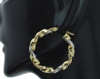 Äkta 14K trefärgat massivt guld 27,2 mm runda twist cut-örhängen 3,7 gram | Dam-damsmycken Örhängen | Massiva 14k örhängen