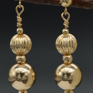 New 14K Solid Yellow Gold 8mm Shiny & Corrugated Bead Drop Dangle Earrings | Women-Ladies Jewelry Earrings | Solid 14k Gold Drop Earrings
