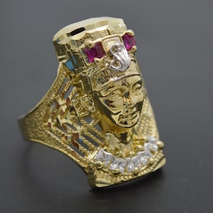 Real Solid 10k Yellow Gold CZ 4.6gr Pharaoh Egyptian Queen Ring All Sizes 26.2mm | Men's Jewelry Unique Ring | Solid 10k Gold Ring for Men