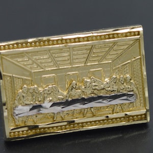 Real 10K Yellow Gold Mens Rectangular Last Supper Diamond Cut Ring 4.1gr | Men&#39;s Jewelry Unique Gold Ring | Solid 10k Gold Ring for Men