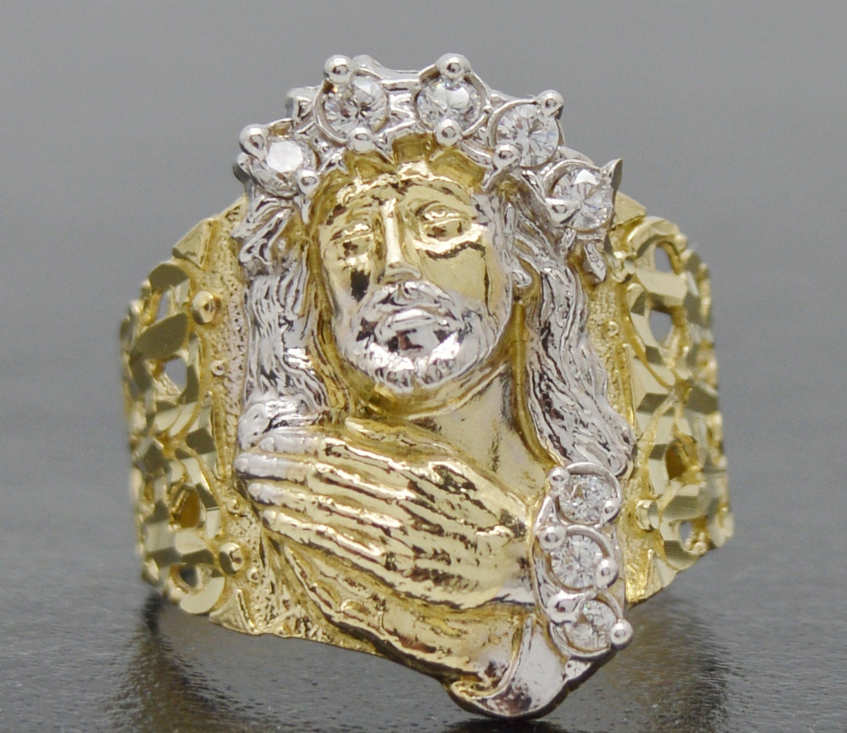 Real Solid 10K Yellow Gold Men's Jesus Head Nugget CZ Ring 21mm