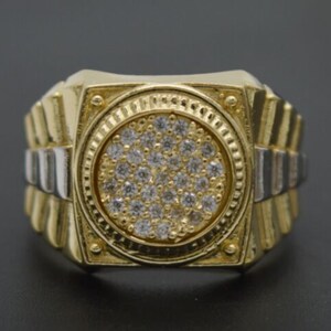 Echter 10K Gelb Weiß Gold Zweifarbiger Square Railroad CZ Herrenring 6,0gr Alle Größen | Herrenschmuck Unikat Ring | Massiver 10k Gold Ring für Männer