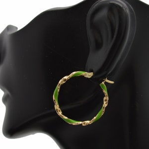 Real 14K Yellow Gold 25mm Green Enamel Round Twist Hoop Earrings | Women-Ladies Jewelry Hoop Earrings | Solid 14k Gold Hoop Earrings