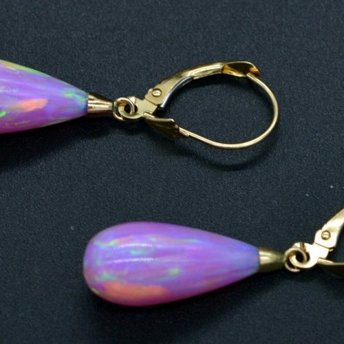 14K Solid Yellow Gold Tear Drop Pink Fire Opal Leverback Dangle Earrings 37mm | Women-Ladies Jewelry Earrings | Solid 14k Gold Opal outlet Earrings