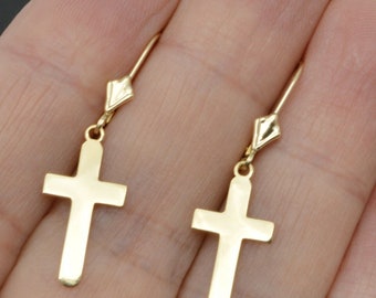 14k White or Yellow Solid Gold Dangle Cross Charm Leverback Earrings | Women-Ladies Jewelry Earrings | Solid 14K Gold Drop Earrings