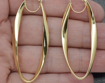 Real 14K Solid Yellow Gold Shiny 55.8mm Twisted Oval Hinged Hoop Earrings | Women-Ladies Jewelry Hoop Earrings | Solid 14k Hoop Earrings