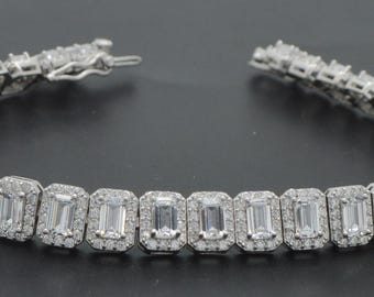 Solid 925 Sterling Silver cz Emerald Cut 7.25" Bangle Bracelet 20.6g 7.1mm 7.25''