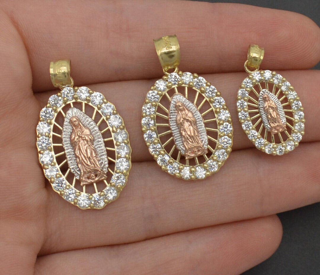 Real 10k Multi Tone Solid Gold CZ Oval Virgin Mary Guadalupe Pendant ...