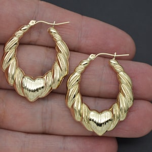 Real 10K Yellow Gold 35mm Bamboo Heart Graduated Diamond Cut Hoop Earrings 3.5gr | Women-Ladies Jewelry Hoop Earrings | Gold Hoop Earrings