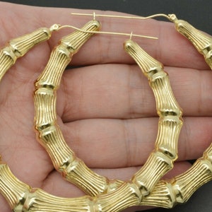 REAL 10K Yellow Gold 3&quot; 75mm Large Graduated Bamboo Hoop Earrings | Women-Ladies Jewelry Earrings | Solid 10k Gold Hoop Earrings