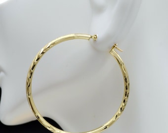 1.4&#39;&#39; 10k Solid Yellow Gold Large Hoop Diamond Cut Earrings | 35mm x2MM 2.1GR | Women Jewelry Earrings | Solid 10k Gold Hoop Earrings