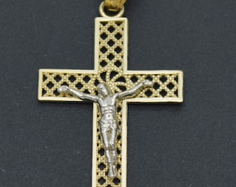 Real Solid 10K Yellow White Gold Shiny Jesus Cross Diamond Cut Pendant 1.3gr | Men-Women Jewelry Pendant | Solid 10k Gold Pendant
