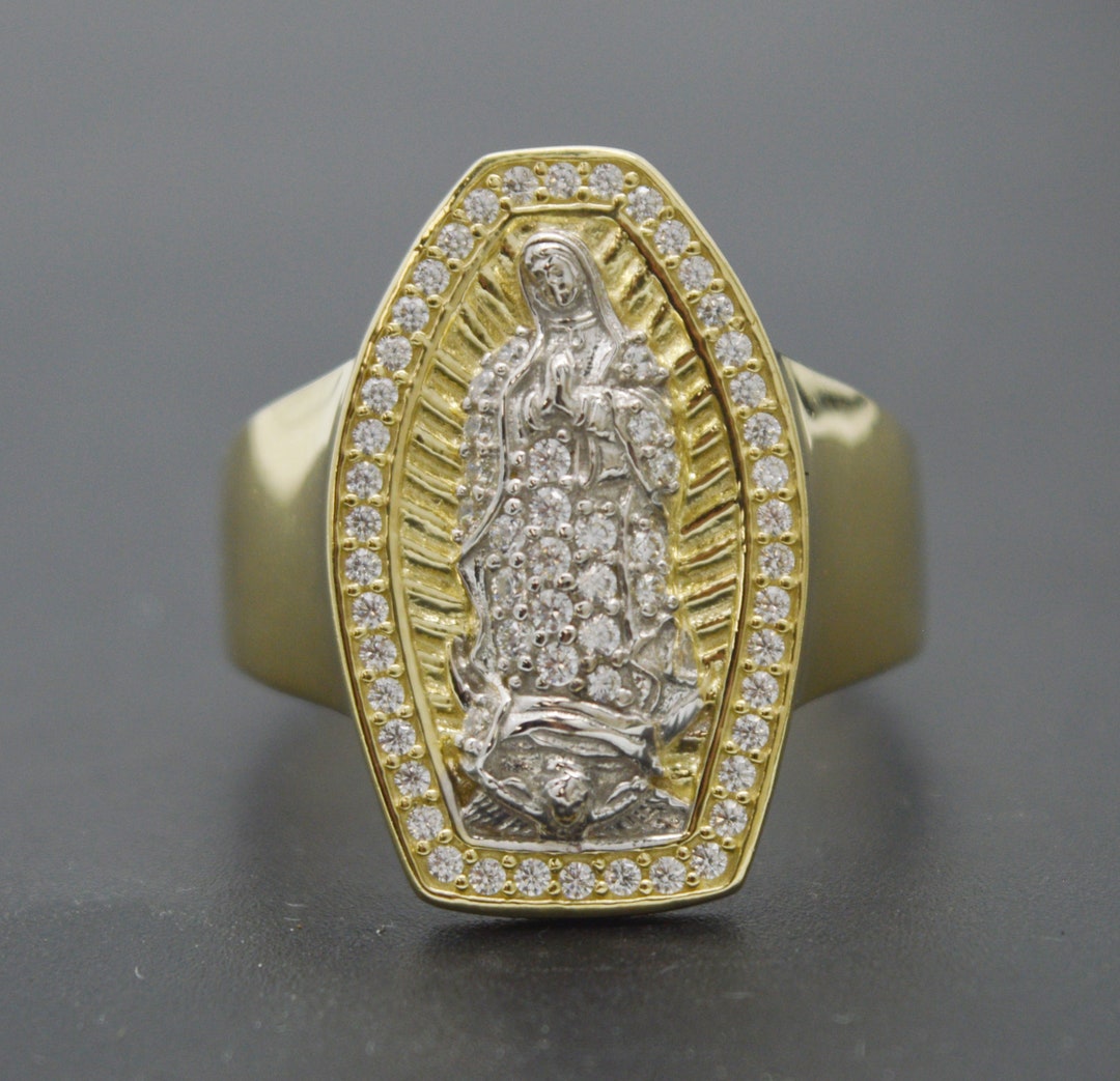 Real 10K Yellow White Gold Virgin Mary Lady Guadalupe CZ Ring 6.4gr ALL ...