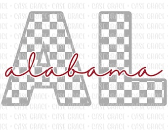 May include: A red and white checkered graphic of the word "alabama" with a red cursive font.