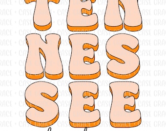 May include: A graphic design featuring the words "Tennessee Volunteers" in a retro, orange and peach colour scheme. The letters are stylised with a thick outline and a rounded, bubbly font.