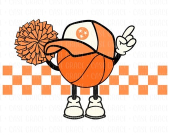 May include: A cartoon basketball wearing a baseball cap with a star on it and holding an orange pom-pom. The basketball is standing on a checkered background.