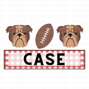 May include: A red and white checked banner with the word "CASE" in black text. Two brown bulldog faces are on either side of the banner, and a brown football is in the centre.