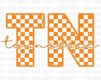May include: Orange and white checkered "TN" with the word "Tennessee" written in cursive underneath.