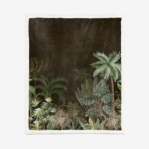 May include: A dark brown wall art print depicting a tropical jungle scene. The artwork features green palm trees and other tropical plants against a textured background. The print has a white border.