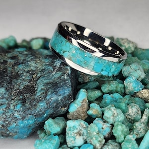 Kingman Turquoise in Stainless Steel Inlay Ring -Handcrafted to order