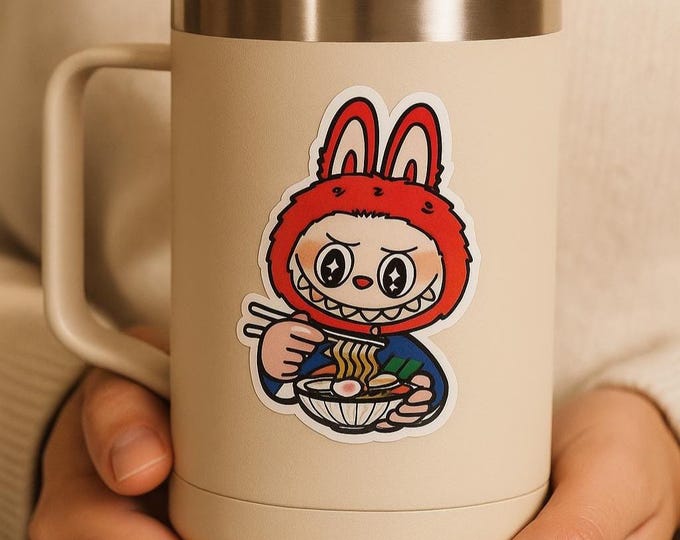 Labubu Ramen Sticker, Cute Kiss-Cut Kawaii Vinyl Sticker, Anime Laptop Journal Decal, Funny Cartoon Ramen Gift, 3x3 Glossy