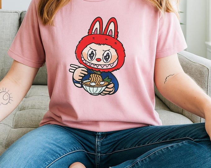 Labubu Ramen T-Shirt, Cute Japanese Cartoon Streetwear Tee, Unisex Kawaii Anime Shirt, Soft Vintage Style Cotton, Gift for Ramen Lovers