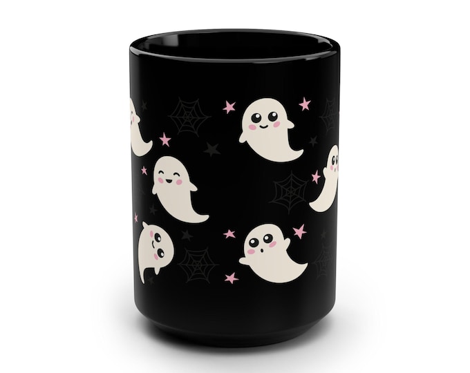 Cute Ghosts Halloween Mug, 15oz Black Coffee Cup for Spooky Season, Trick or Treat Gift, Fall Decor, Halloween Lover's Drinkware