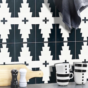 Moroccan Handmade Cement Tiles 8 Inch x 8 Inch Navy Blue And White, Villa Encaustic Floor And Wall, Indoor And Outdoor Tiles, Pack Of 12.