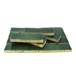 Moroccan Handmade Mosaic Tiles 2"x6" Green Color, Moroccan Bejmat, Floor And Wall, Indoor And Outdoor Tiles, Pack Of 48.