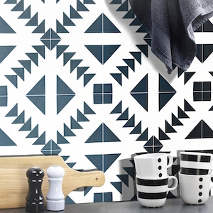 Moroccan Handmade Cement Tiles 8 Inch x 8 Inch Navy Blue And White, Walili Encaustic Floor And Wall, Indoor And Outdoor Tiles, Pack Of 12.