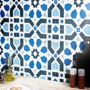 Moroccan Handmade Cement Tiles 8 Inch x 8 Inch Blue AndWhite, Melah Encaustic Floor And Wall, Indoor And Outdoor Tiles, Pack Of 12.