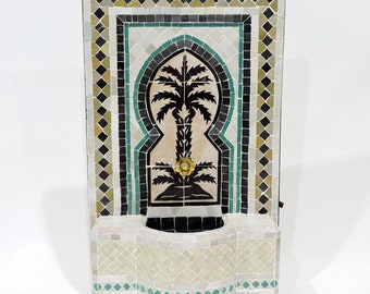 Moroccan Mosaic Wall Fountain 32 Inch H x 18 Inch W x 8 Inch D Indoor Outdoor Zellige Waterfall Fountain.