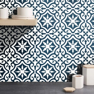 Moroccan Handmade Cement Tiles 8 Inch x 8 Inch Navy And White, Mamounia Encaustic Floor And Wall, Indoor And Outdoor Tiles, Pack Of 12.