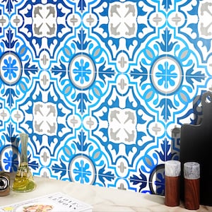 Moroccan Handmade Cement Tiles 8 Inch x 8 Inch Blue And White, Toubkal Encaustic Floor And Wall, Indoor And Outdoor Tiles, Pack Of 12.