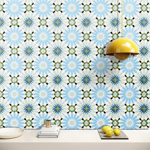 Moroccan Handmade Cement Tiles 8 Inch x 8 Inch Sky Blue, Green, White, Doha Encaustic Floor And Wall, Indoor And Outdoor Tiles, Pack Of 12.